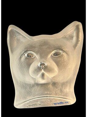 Vintage Nybro Sweden Art Glass Frosted Satin Clear Cat Head Paperweight w/ Tag